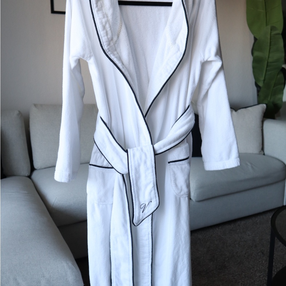 Victoria's Secret White Hooded Terry Robe with Black Trim